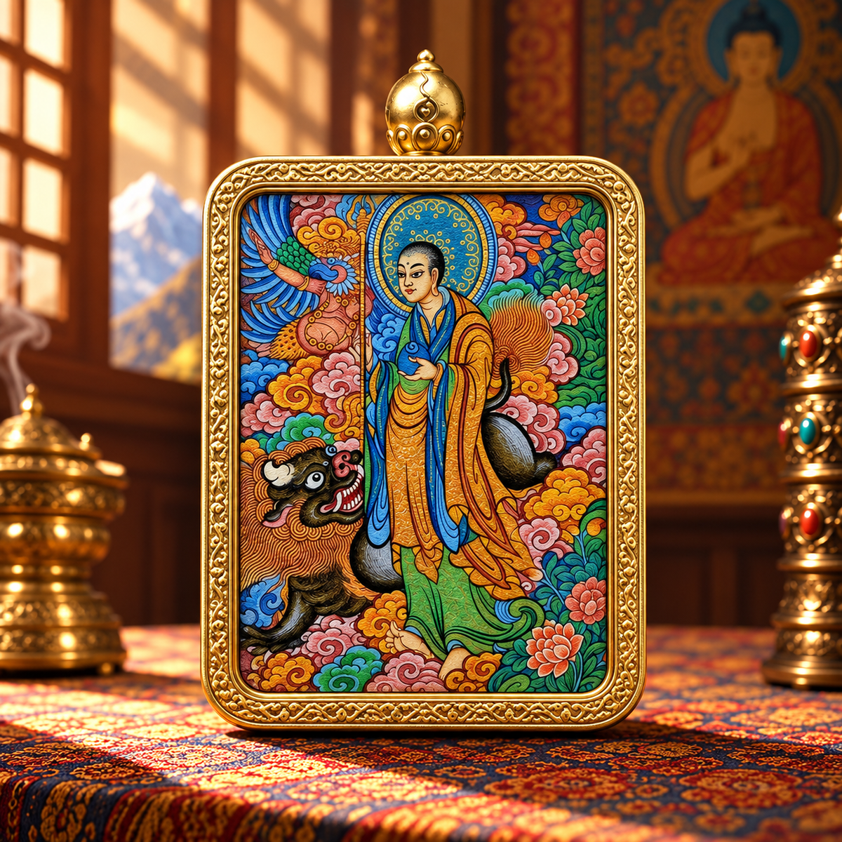 Ksitigarbha Bodhisattva in colorful hand-painted Tibetan Thangka art