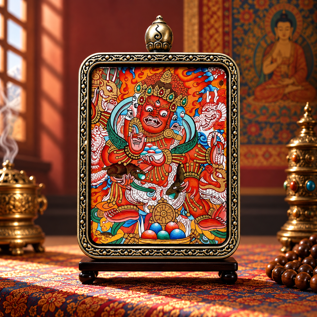 Red Jambhala Buddhist wealth deity in miniature hand-painted Thangka art