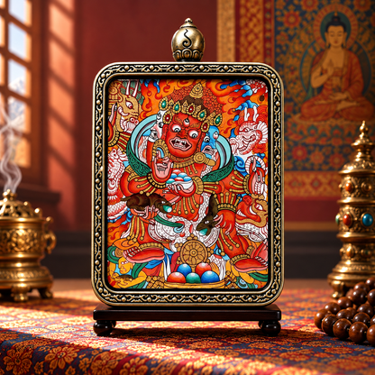 Red Jambhala Buddhist wealth deity in miniature hand-painted Thangka art