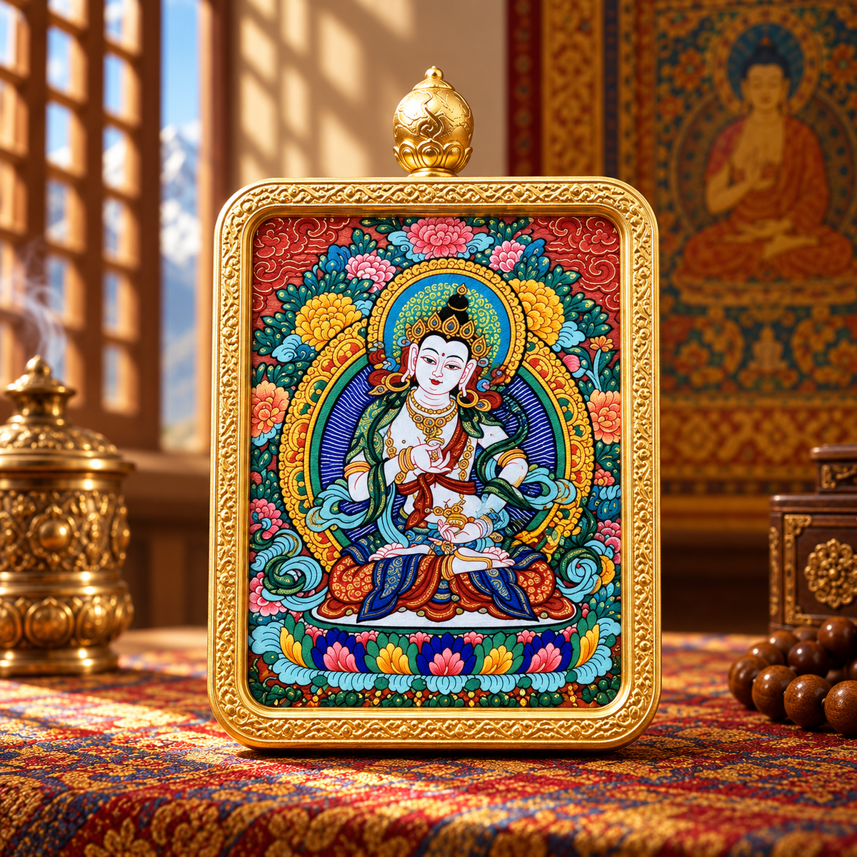 White Vajrasattva seated on a lotus in hand-painted Tibetan Thangka art