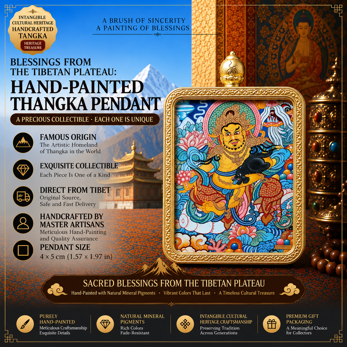Yellow Jambhala Hand-Painted Thangka Pendant Necklace