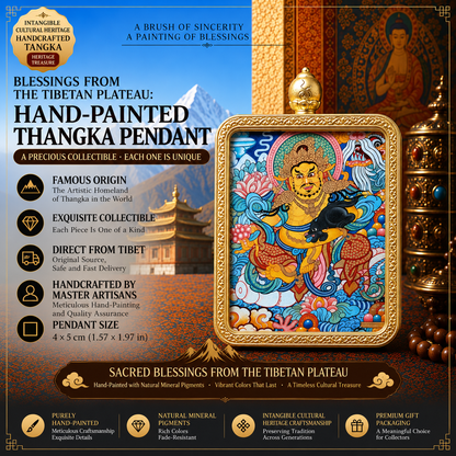 Yellow Jambhala Hand-Painted Thangka Pendant Necklace