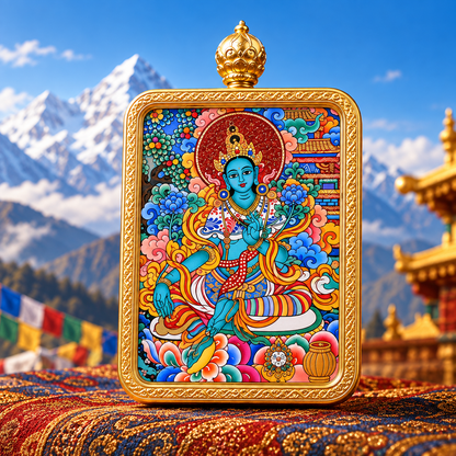 Green Tara Hand-Painted Thangka Pendant Necklace