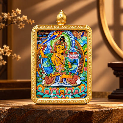 Lion-Riding Manjushri with lotus imagery in Tibetan Buddhist art