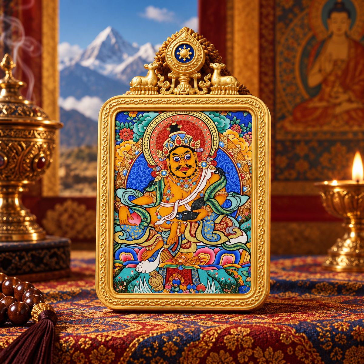 Hand-painted Yellow Jambhala Thangka with traditional Buddhist imagery