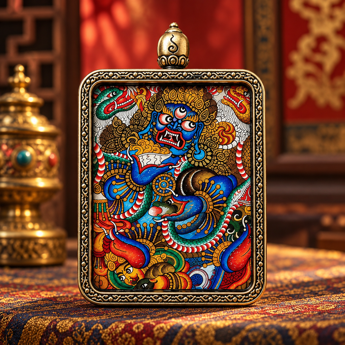 Dark blue Black Jambhala in hand-painted Tibetan Buddhist Thangka art