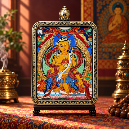 Dizang Ksitigarbha Bodhisattva seated in colorful Buddhist Thangka art
