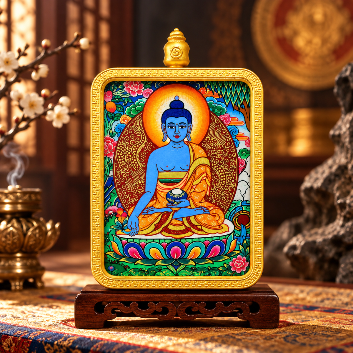 Hand-painted Medicine Buddha Tibetan Thangka pendant