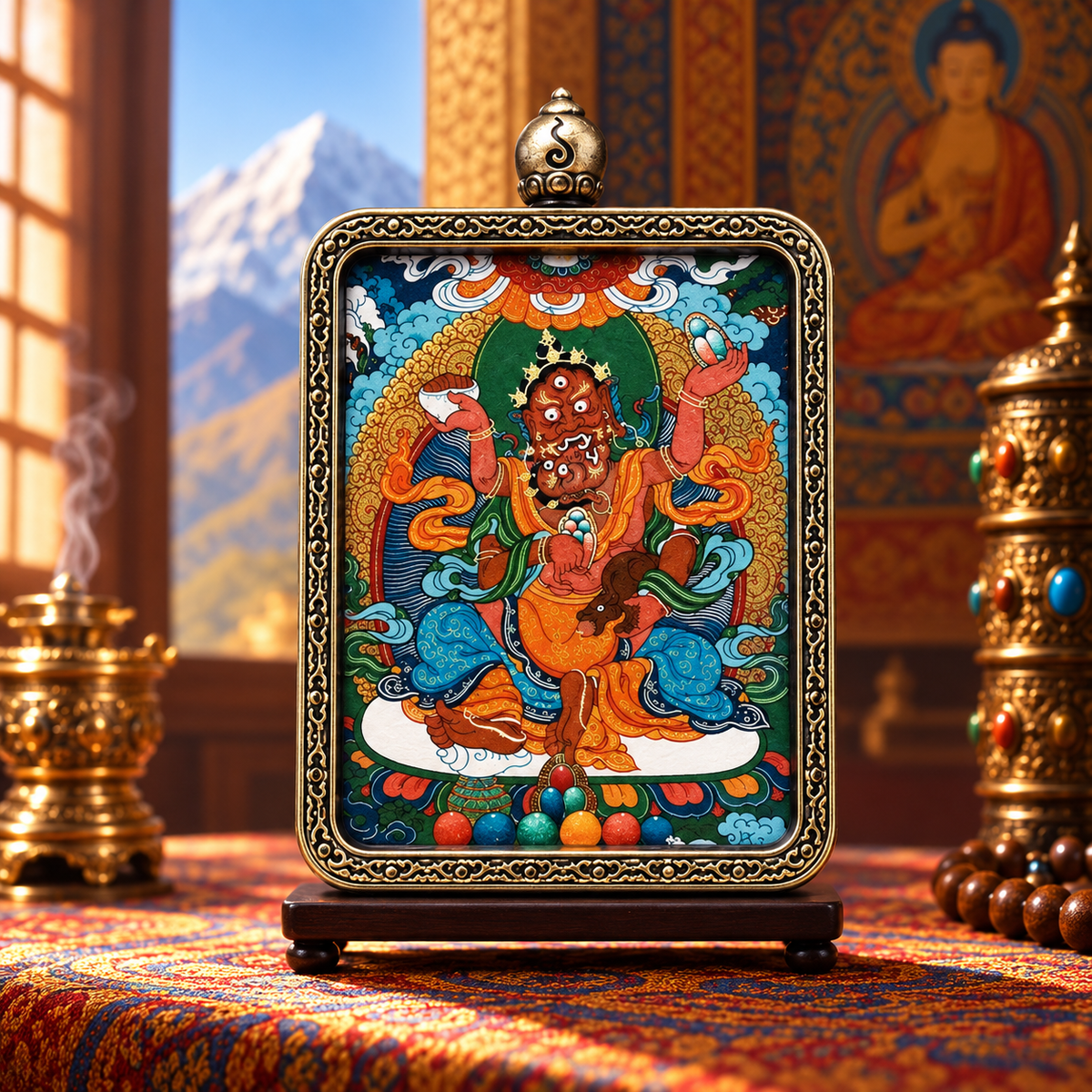 Hand-painted Red Jambhala Thangka with traditional Tibetan Buddhist imagery