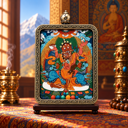 Hand-painted Red Jambhala Thangka with traditional Tibetan Buddhist imagery