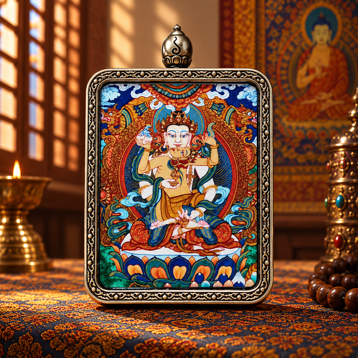 Hand-painted Vajrasattva miniature Thangka with colorful Buddhist imagery