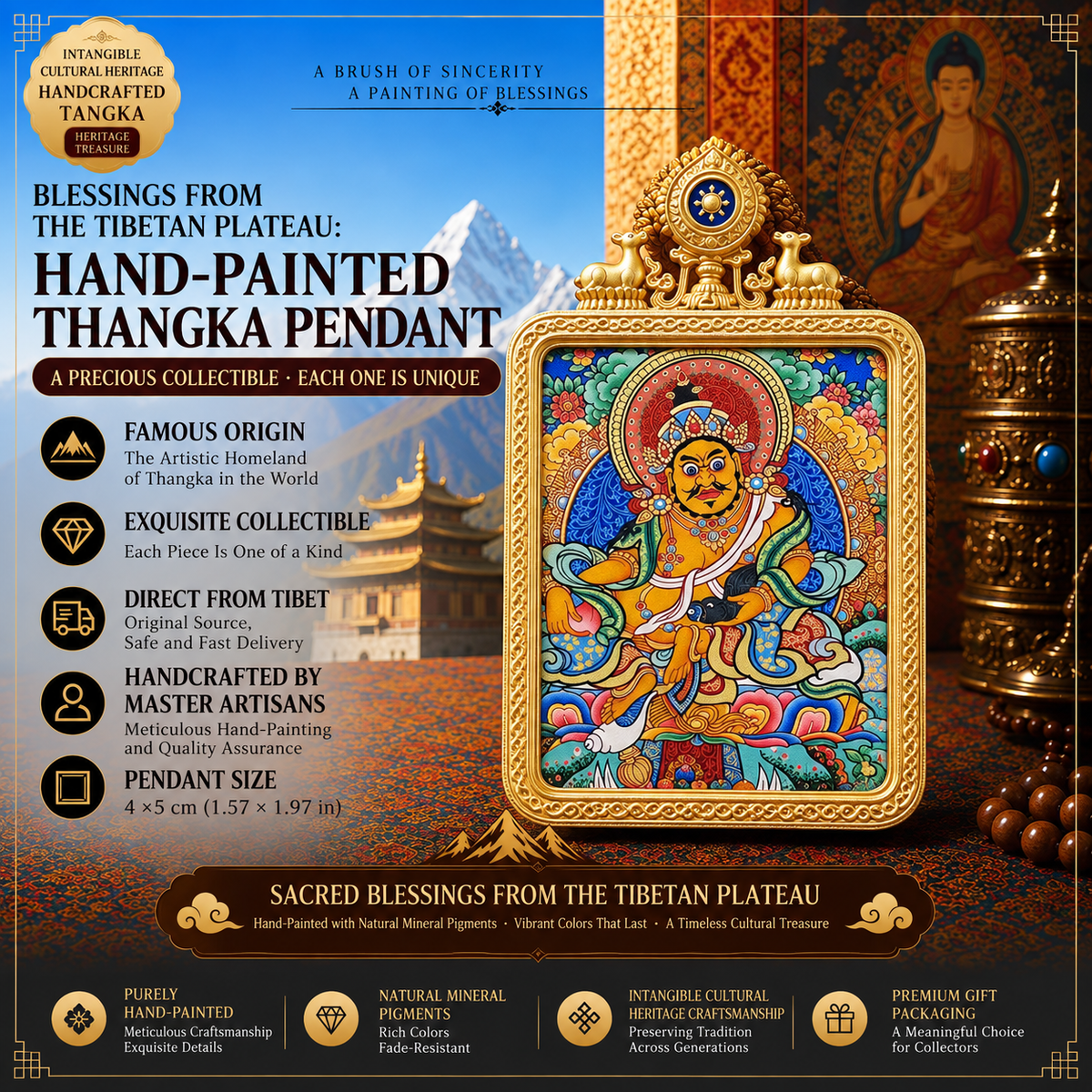 Yellow Jambhala Hand-Painted Thangka Pendant Necklace