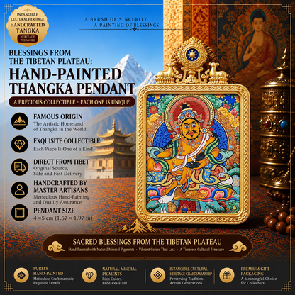Yellow Jambhala Hand-Painted Thangka Pendant Necklace