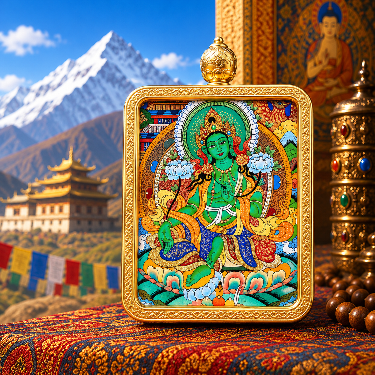 Green Tara Hand-Painted Thangka Pendant Necklace – For Protection & Compassion