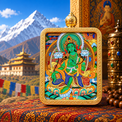 Green Tara Hand-Painted Thangka Pendant Necklace – For Protection & Compassion