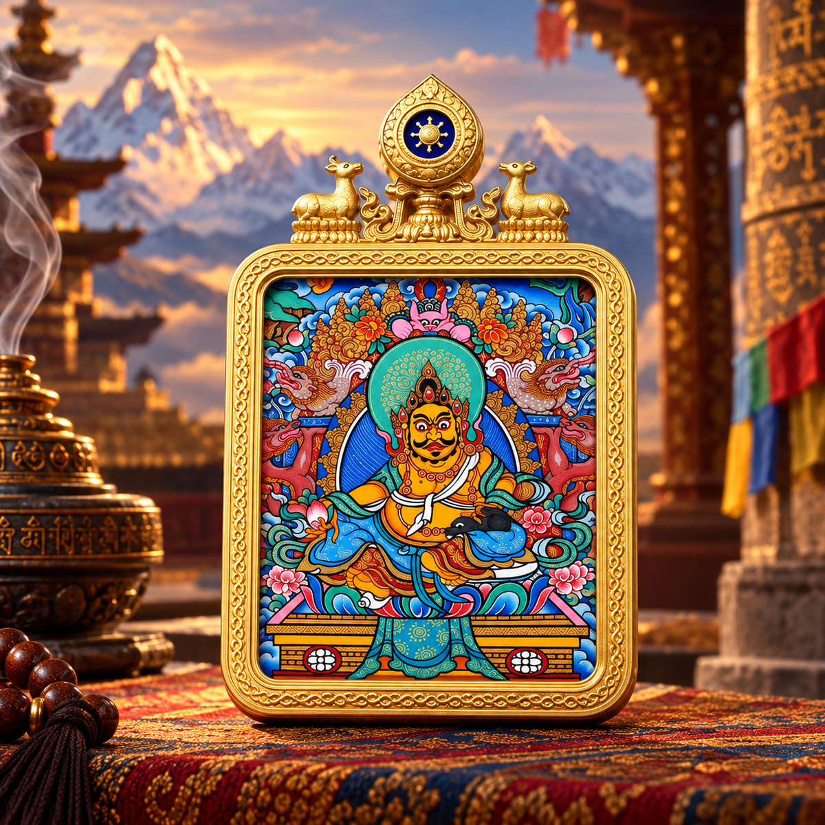 Yellow Jambhala Tibetan Thangka pendant with Himalayan sacred landscape