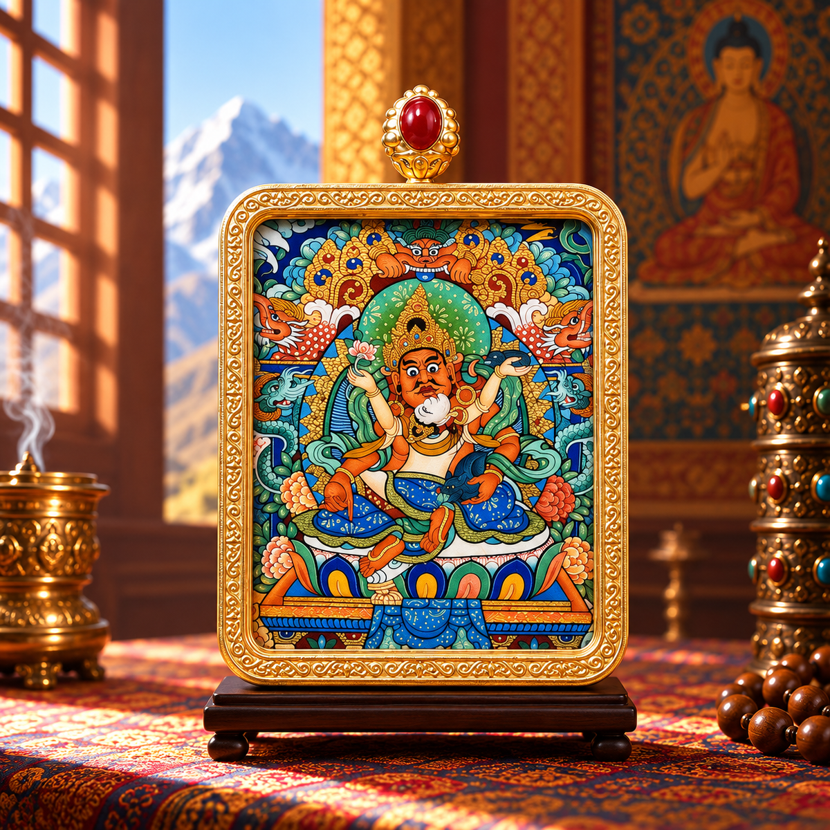 Red Jambhala prosperity deity in colorful Tibetan Thangka pendant