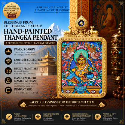 Yellow Jambhala Hand-Painted Thangka Pendant Necklace