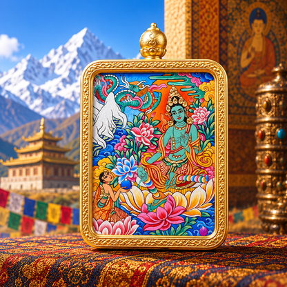 Green Tara Hand-Painted Thangka Pendant Necklace – For Protection & Compassion