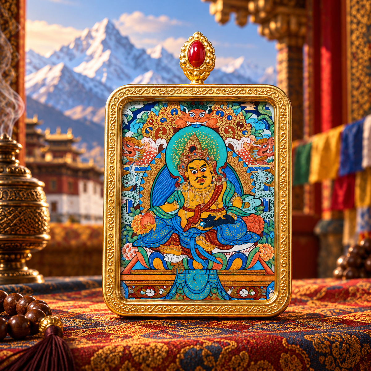 Yellow Jambhala Hand-Painted Thangka Pendant Necklace