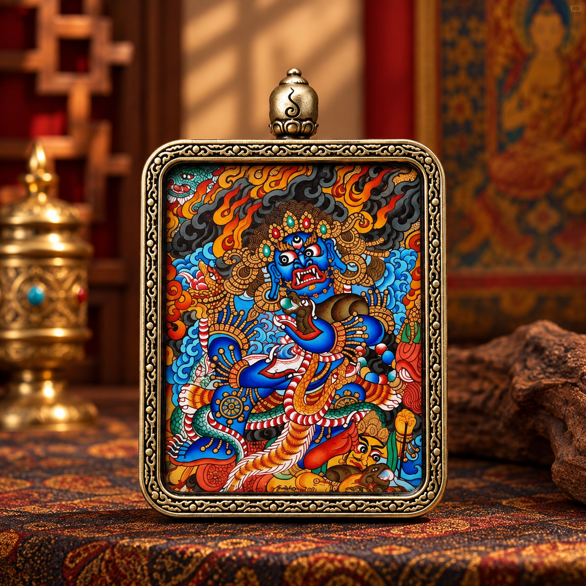 Black Jambhala miniature Thangka surrounded by wrathful flame imagery
