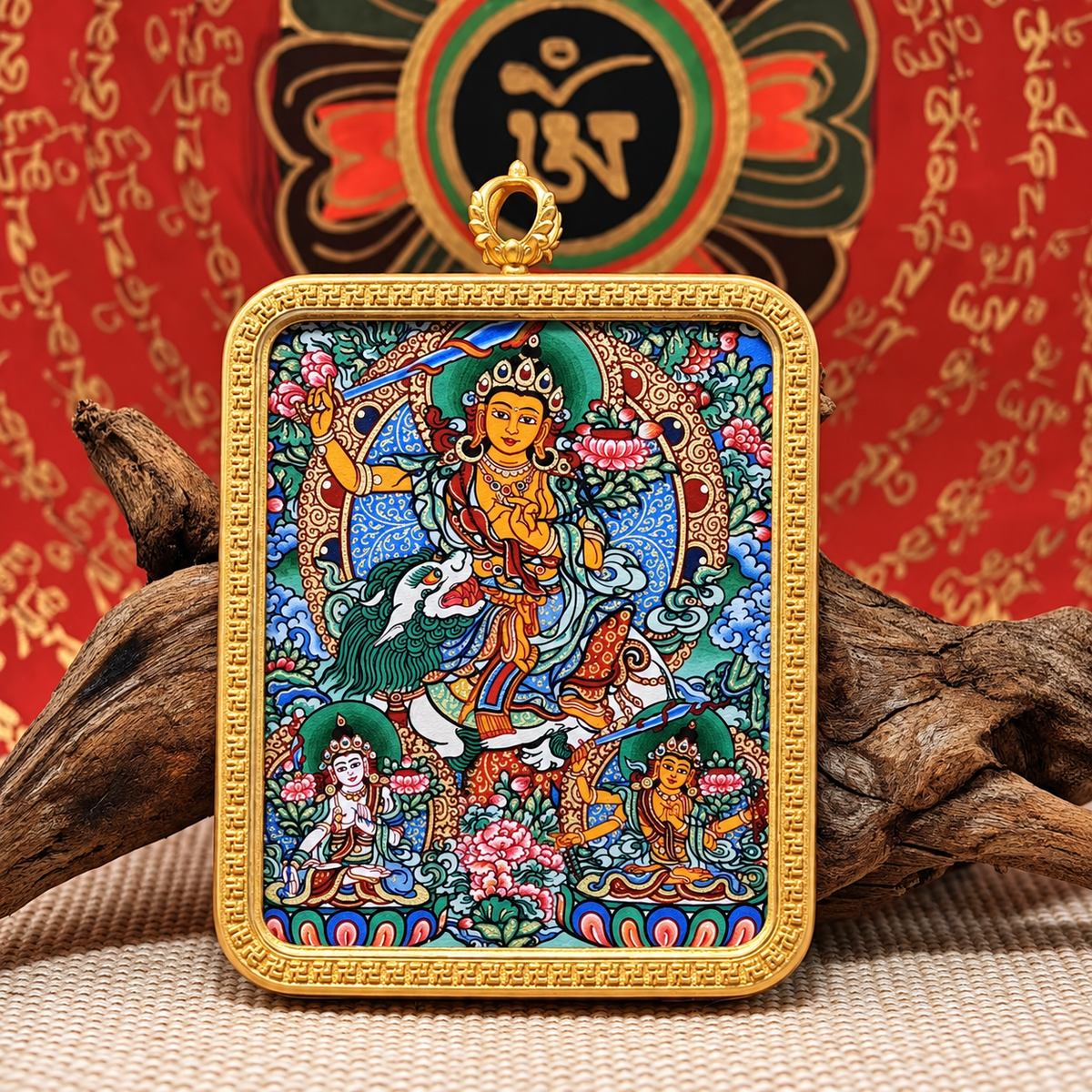 Lion-Riding Manjushri Hand-Painted Thangka Pendant