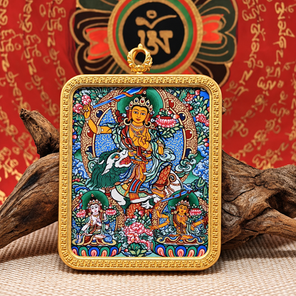 Lion-Riding Manjushri Hand-Painted Thangka Pendant