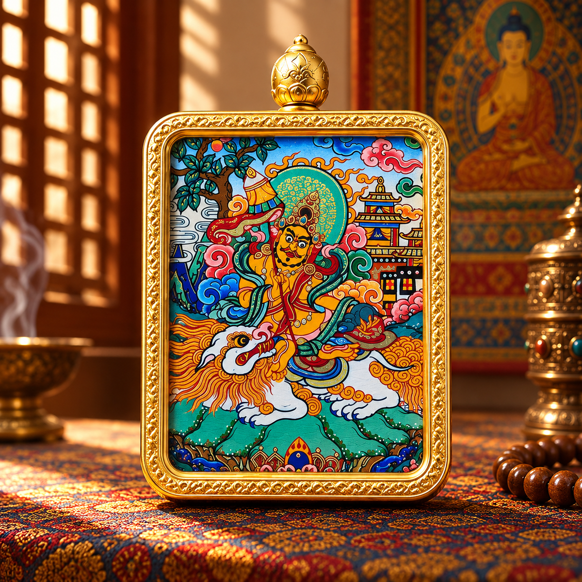 Vaishravana miniature Thangka with traditional Tibetan Buddhist imagery