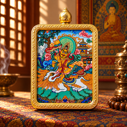 Vaishravana miniature Thangka with traditional Tibetan Buddhist imagery
