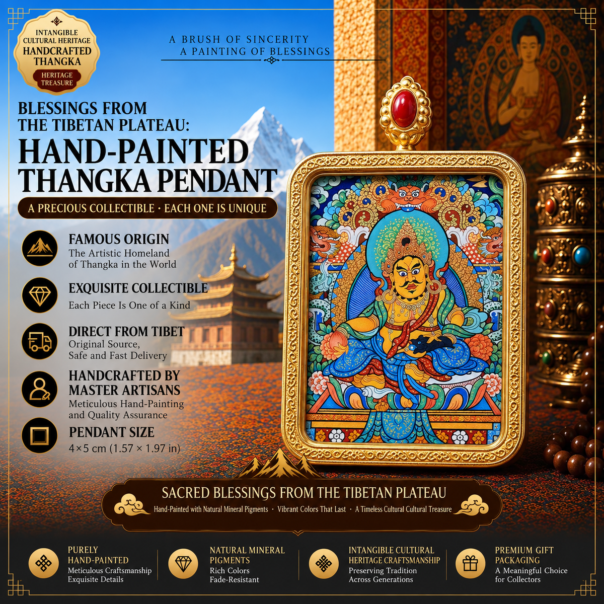 Yellow Jambhala Hand-Painted Thangka Pendant Necklace