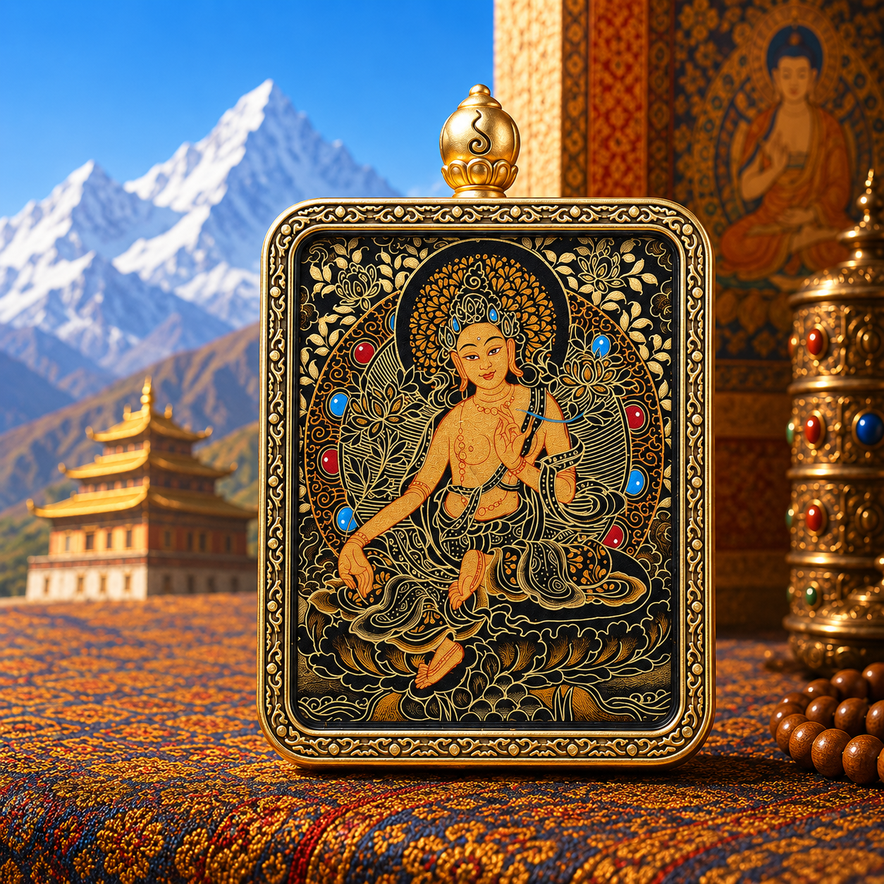 Green Tara Hand-Painted Thangka Pendant Necklace – For Protection & Compassion