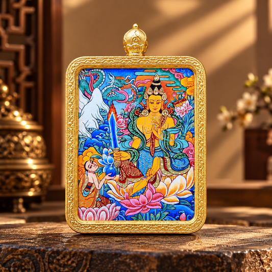 Lion-Riding Manjushri Hand-Painted Thangka Pendant