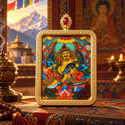 Yellow Jambhala Hand-Painted Thangka Pendant Necklace