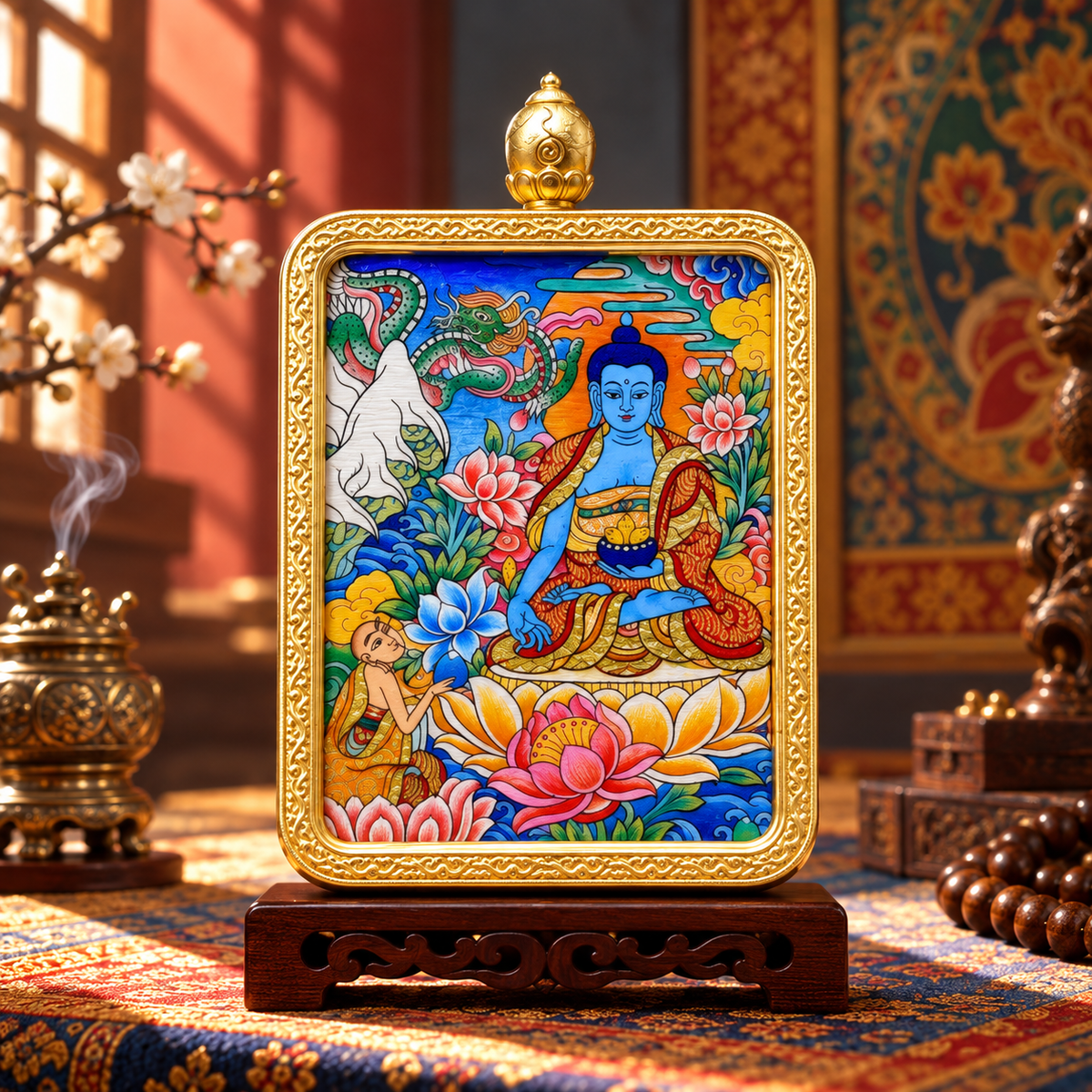 Medicine Buddha seated on a lotus throne in miniature Thangka painting