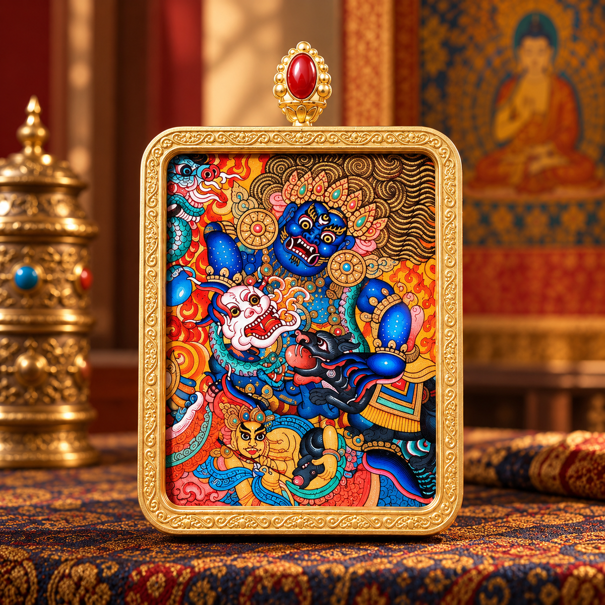 Standing Black Jambhala in a hand-painted Tibetan Thangka pendant