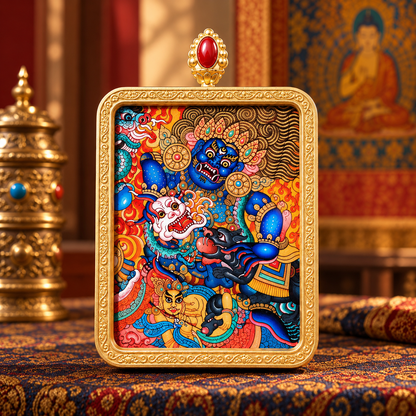 Standing Black Jambhala in a hand-painted Tibetan Thangka pendant