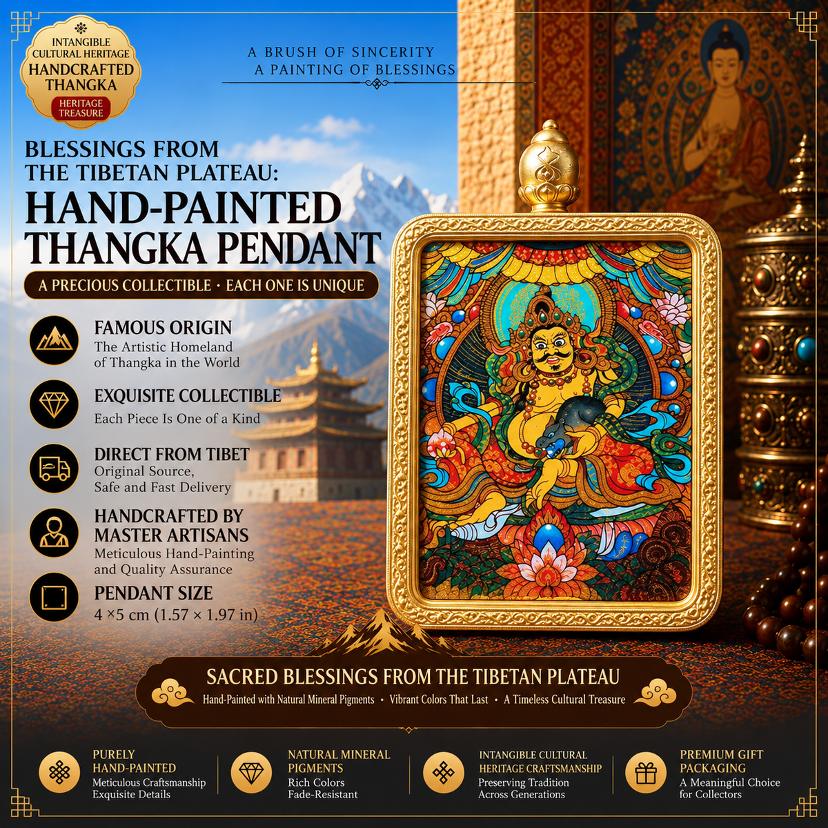 Yellow Jambhala Hand-Painted Thangka Pendant Necklace