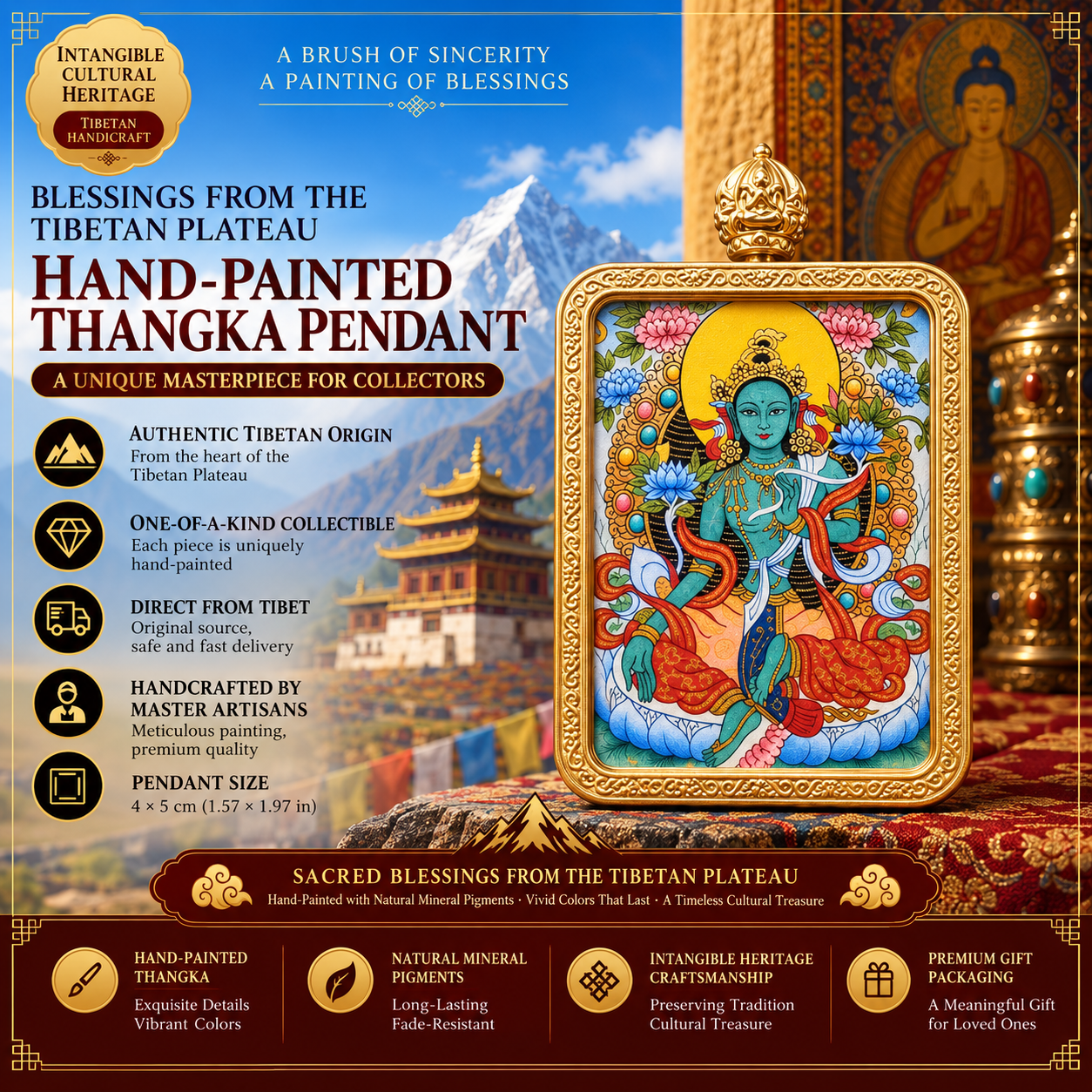 Green Tara Hand-Painted Thangka Pendant Necklace – For Protection & Compassion