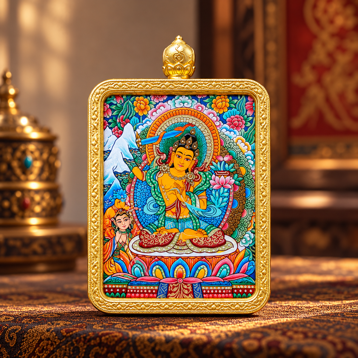 Lion-Riding Manjushri Hand-Painted Thangka Pendant
