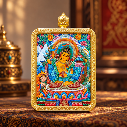 Lion-Riding Manjushri Hand-Painted Thangka Pendant