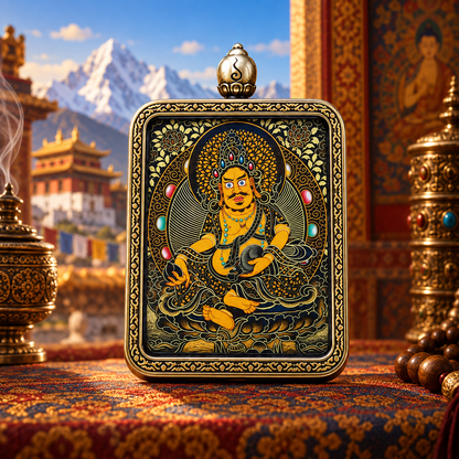 Yellow Jambhala miniature Thangka with intricate black and gold background