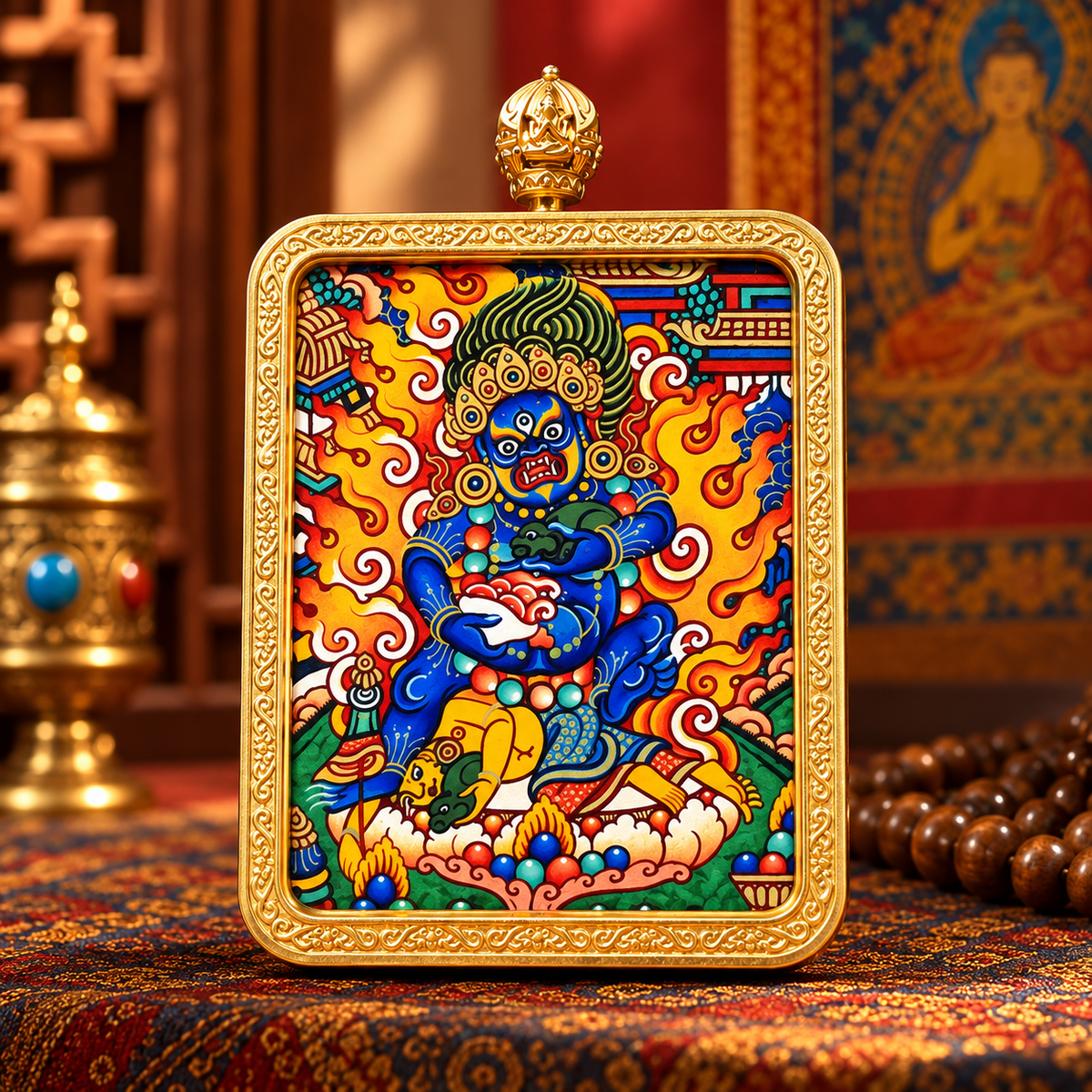Close-up of hand-painted Black Jambhala Thangka details