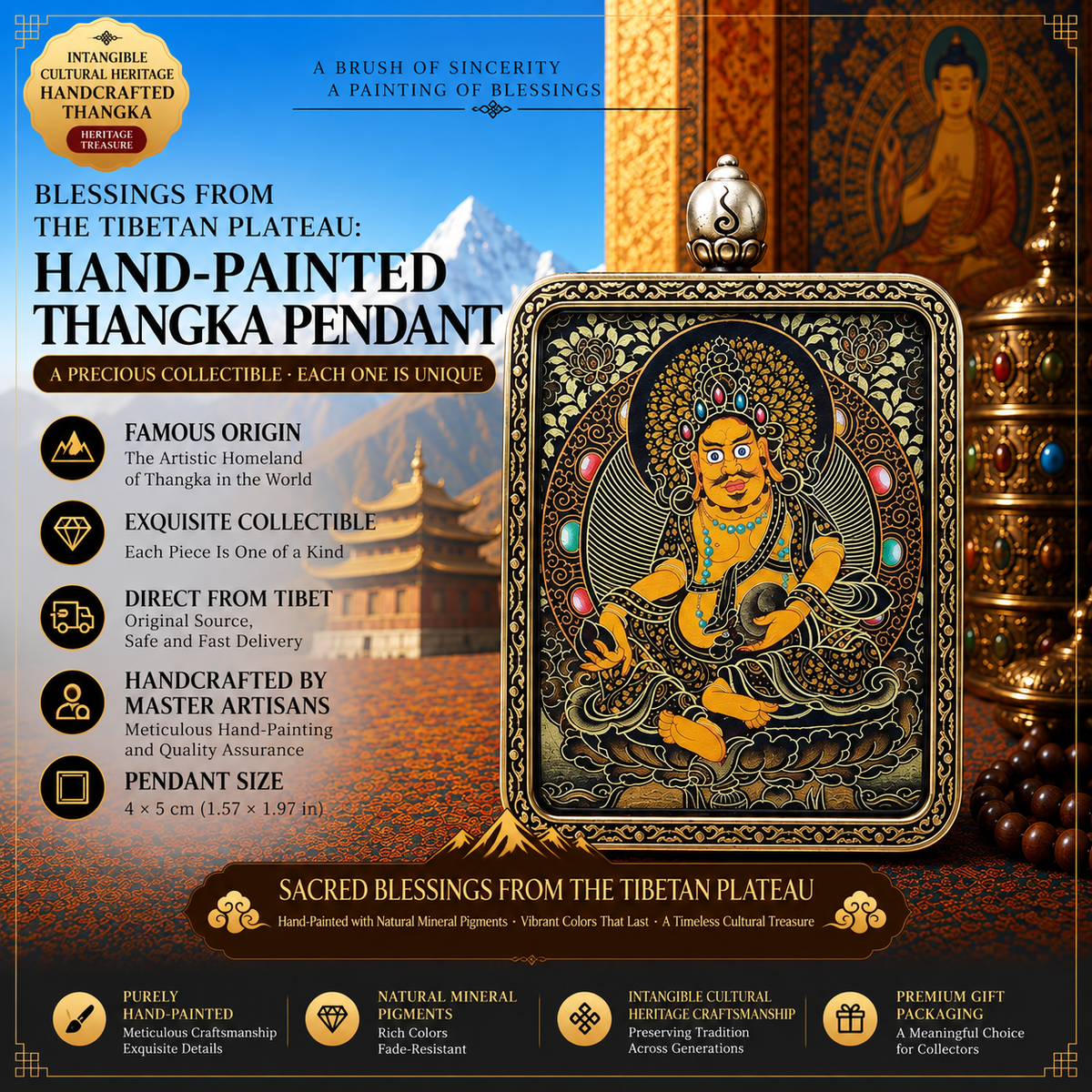 Yellow Jambhala Hand-Painted Thangka Pendant Necklace