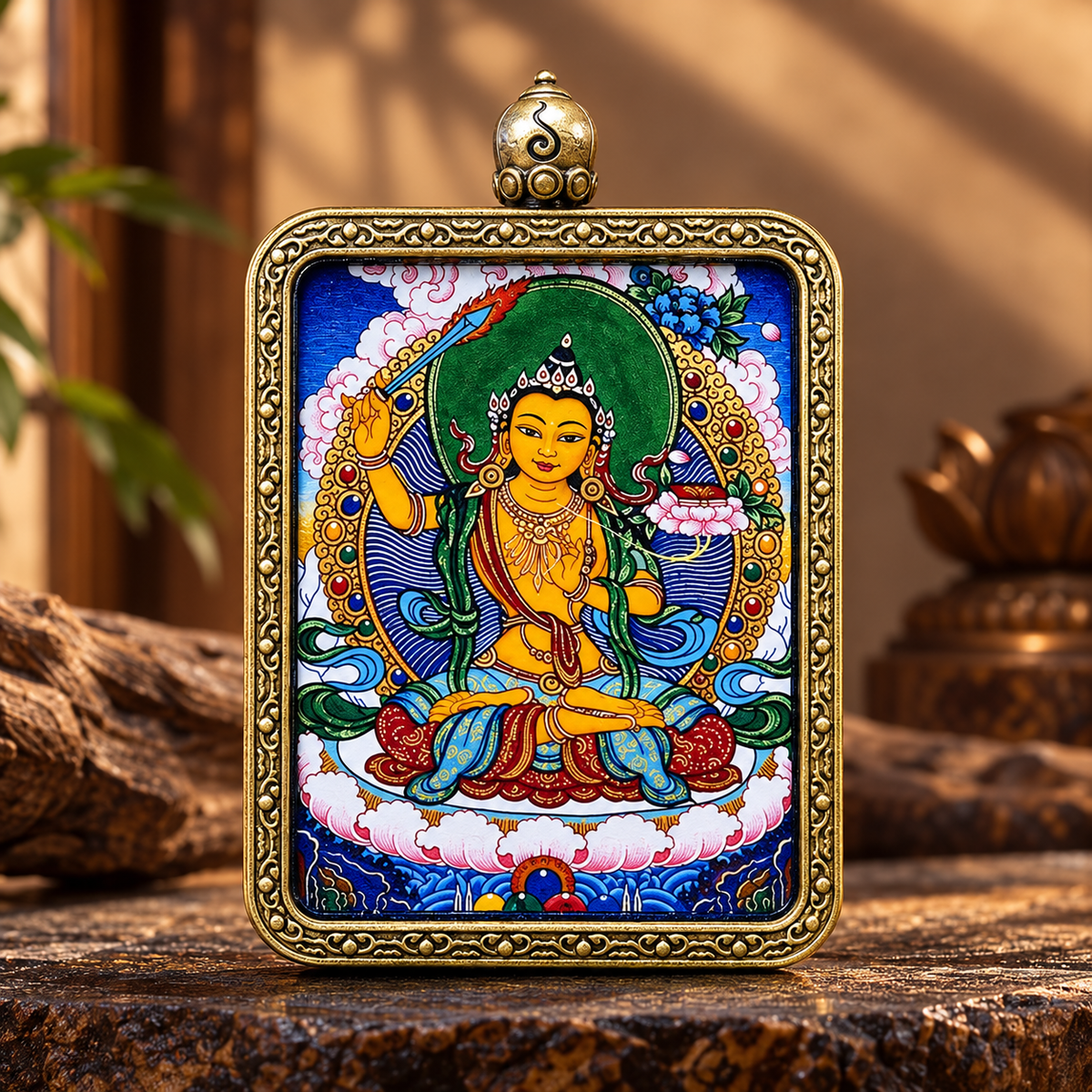 Lion-Riding Manjushri Hand-Painted Thangka Pendant
