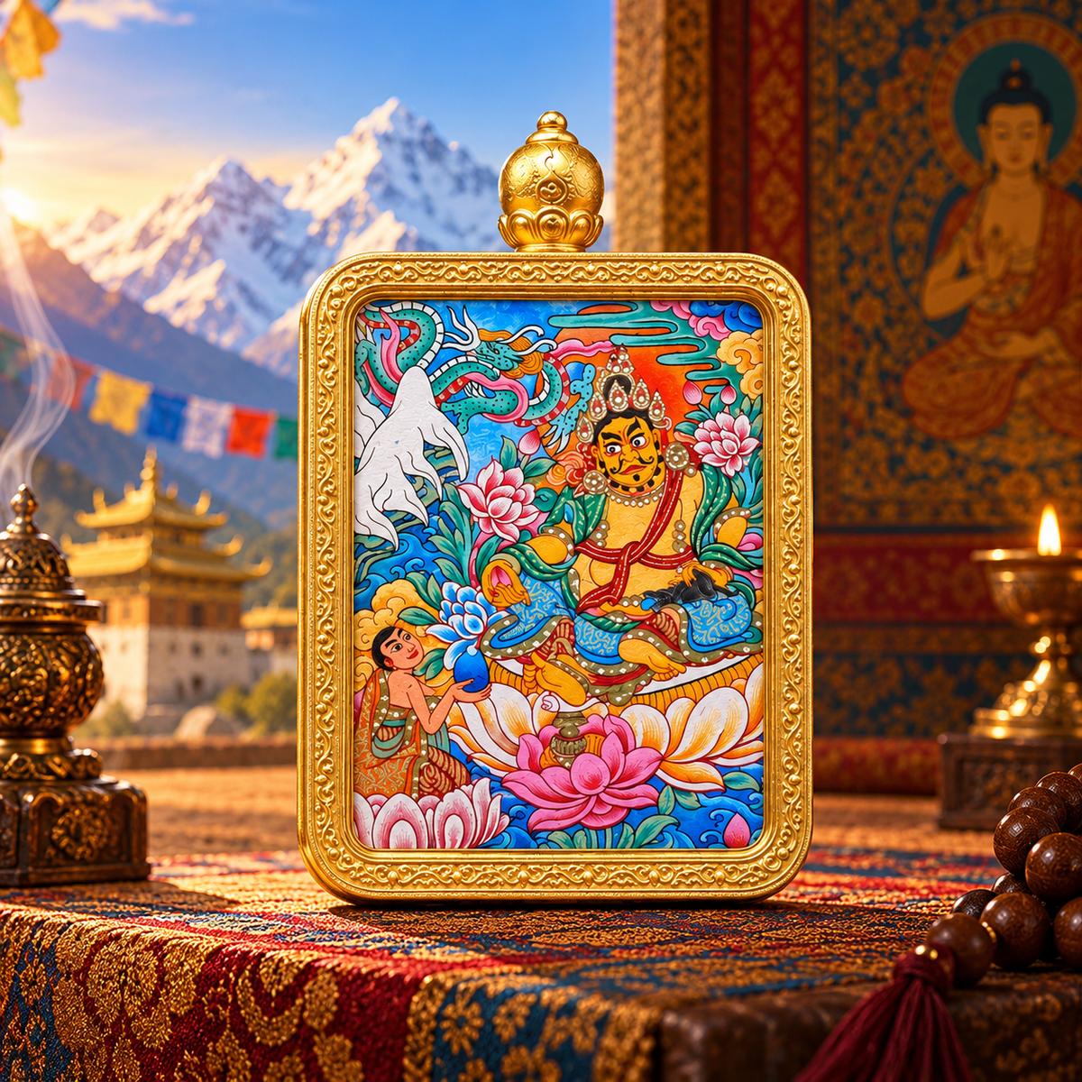 Yellow Jambhala Hand-Painted Thangka Pendant Necklace