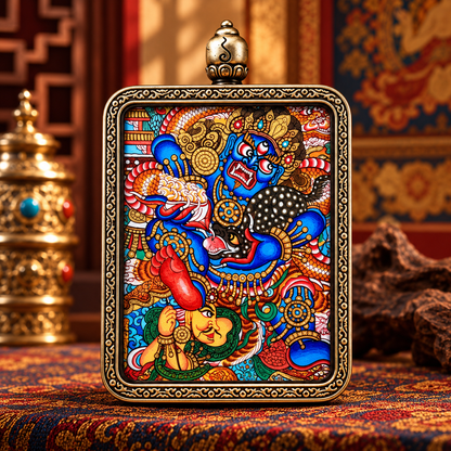 Black Jambhala Thangka with detailed surrounding Buddhist figures