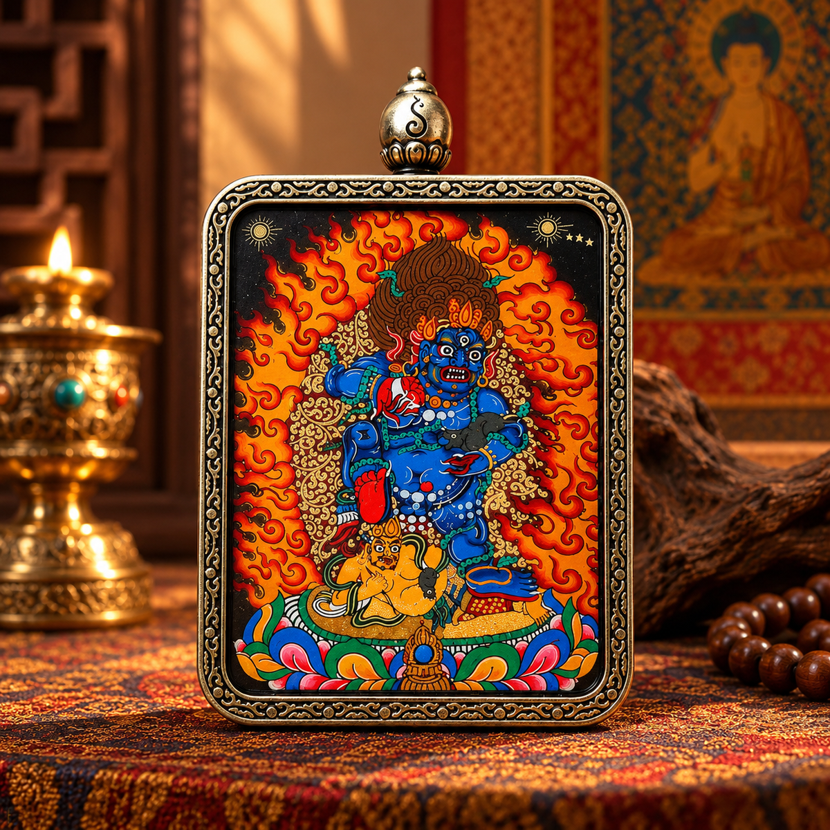 Hand-painted Black Jambhala Tibetan Thangka pendant
