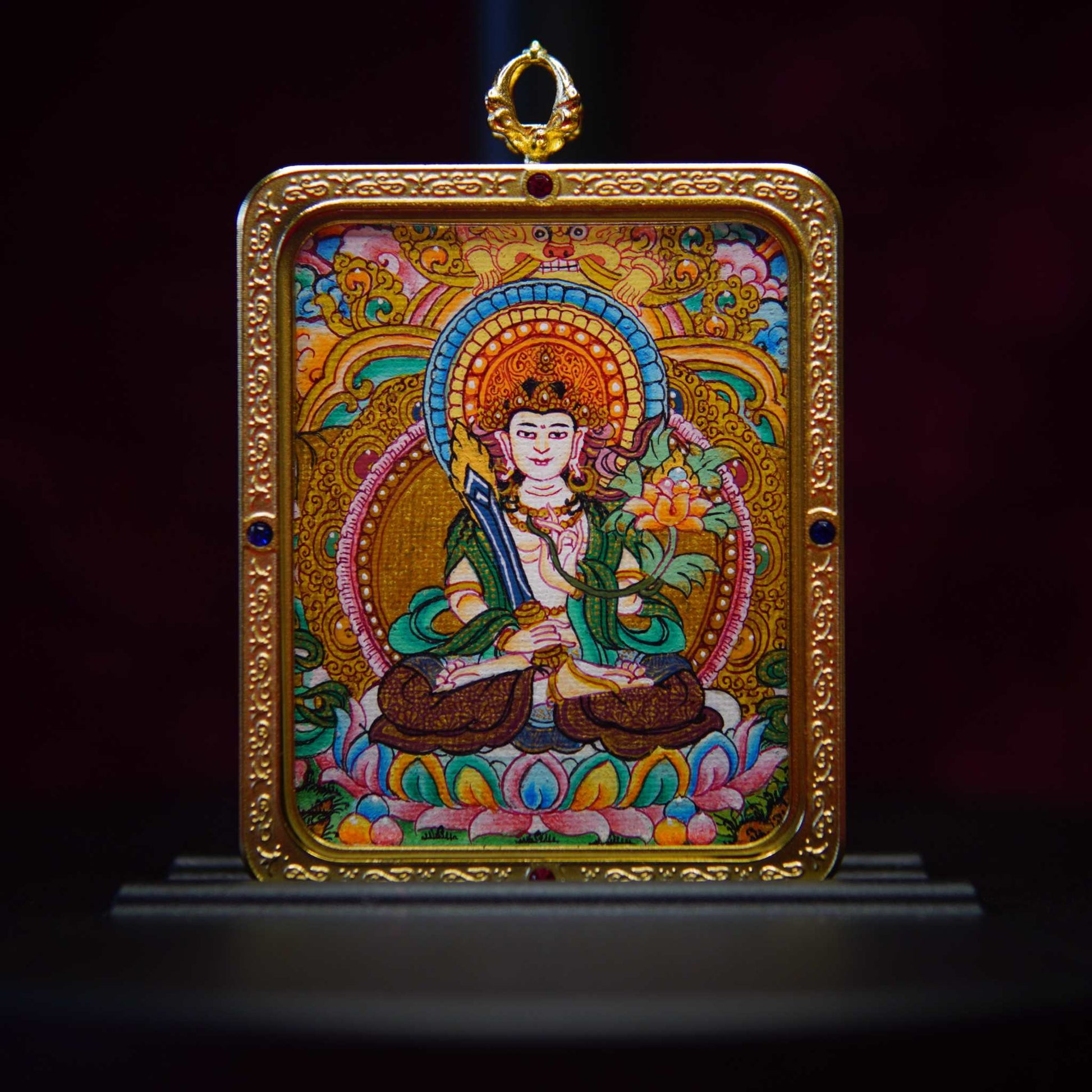Handcrafted Akasagarbha Bodhisattva Necklace featuring a celestial thangka pendant, symbolizing wisdom and manifestation, with sapphire, gold, and jade accents.
