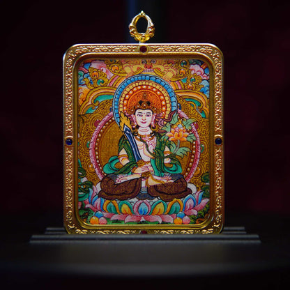Handcrafted Akasagarbha Bodhisattva Necklace featuring a celestial thangka pendant, symbolizing wisdom and manifestation, with sapphire, gold, and jade accents.