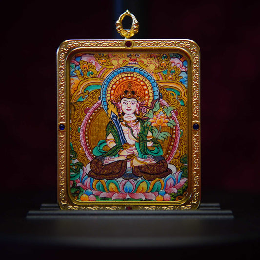 Handcrafted Akasagarbha Bodhisattva Necklace featuring a celestial thangka pendant, symbolizing wisdom and manifestation, with sapphire, gold, and jade accents.